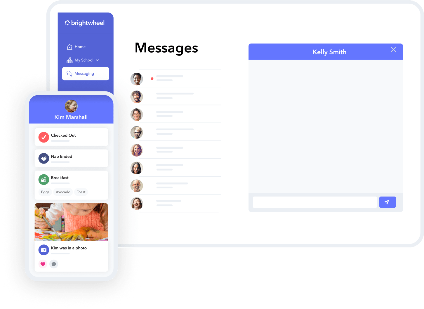 Screenshots of brightwheel's communication app in laptop and mobile devices. Stay connected with staff and families through brightwheel's childcare communication app.