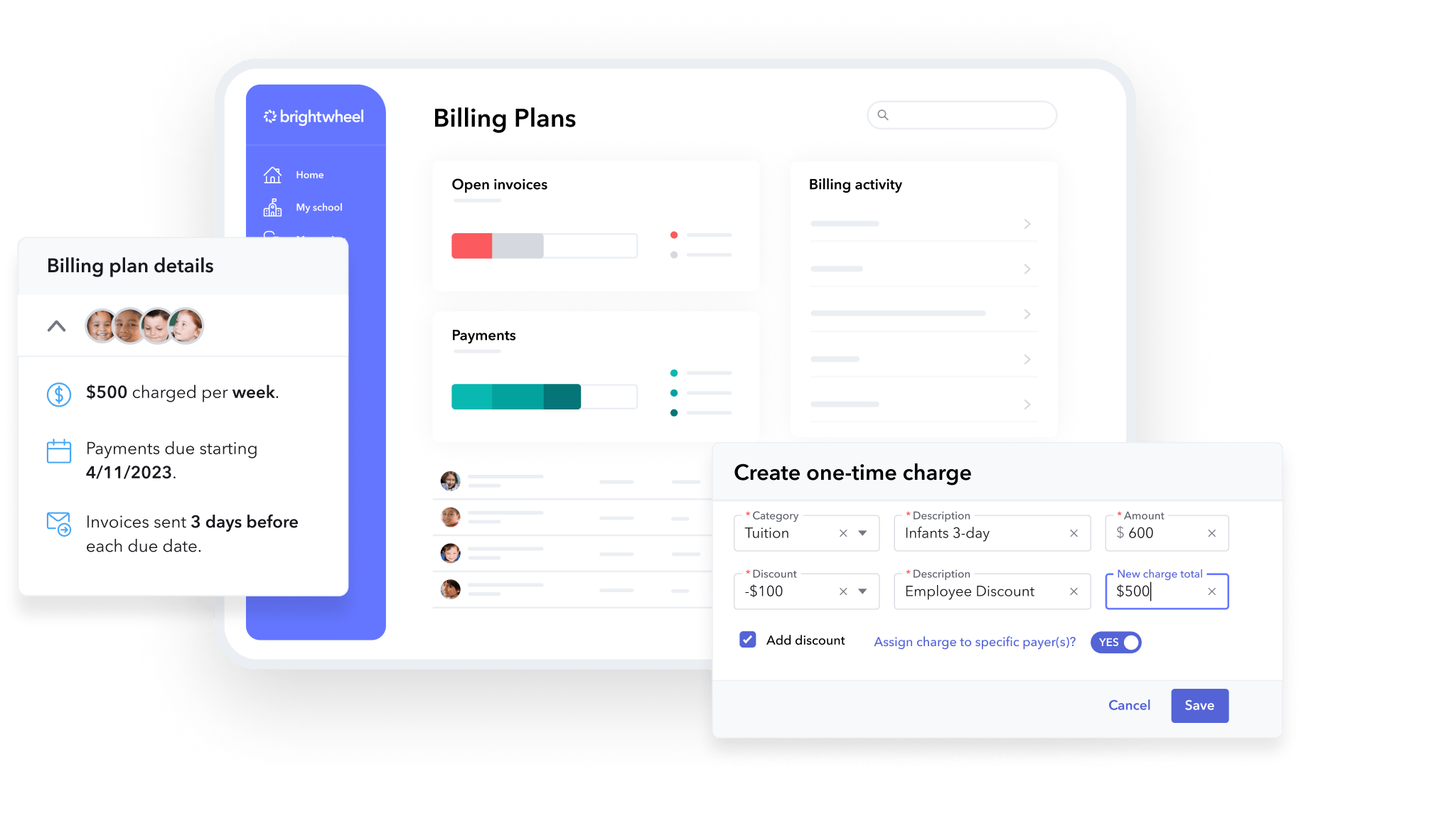 Product images of brightwheel billing where invoicing is automated.